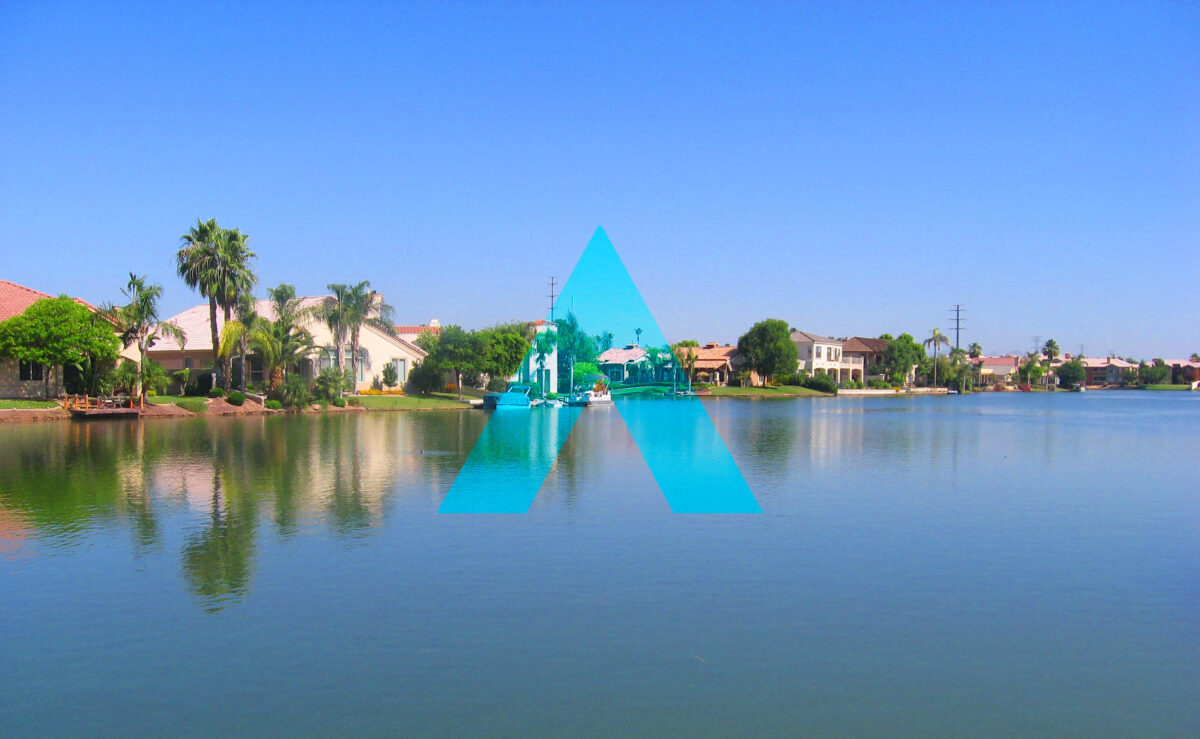 Gilbert City of the future by the water with an A logo overlay