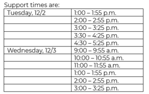 HCTC 2025 Support Room Schedule
